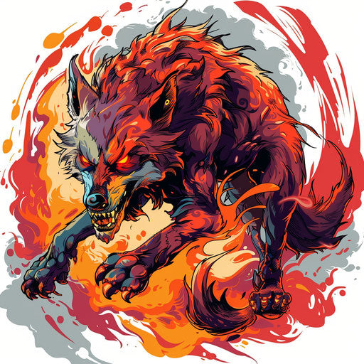 Vibrant flat tattoo sketch of a werewolf mid-transformation