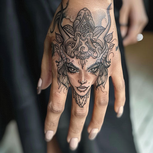 Finger tattoos for women in the style of David Palumbo with mythical creatures