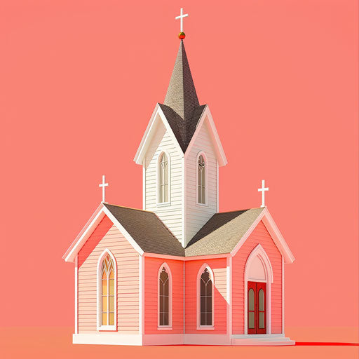Realistic church clipart on vibrant flat coral background