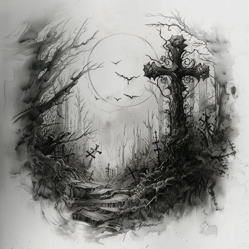 Gothic cross in a dark, mystical forest