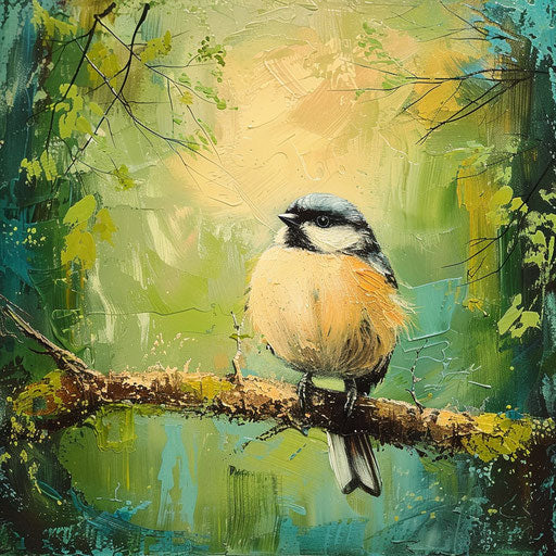 Chickadee with vibrant green forest backdrop
