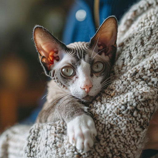Cornish rex cat being held by its owner