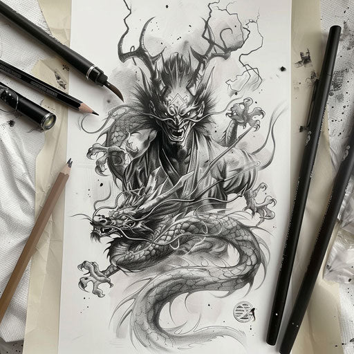 Exotic flat tattoo sketch of a shinigami with traditional Eastern dragon motifs