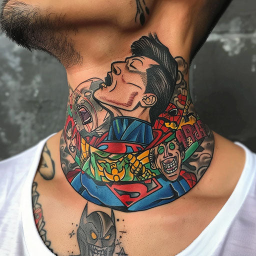 Men's neck tattoo vibrant comic book heroes, Humberto Ramos style