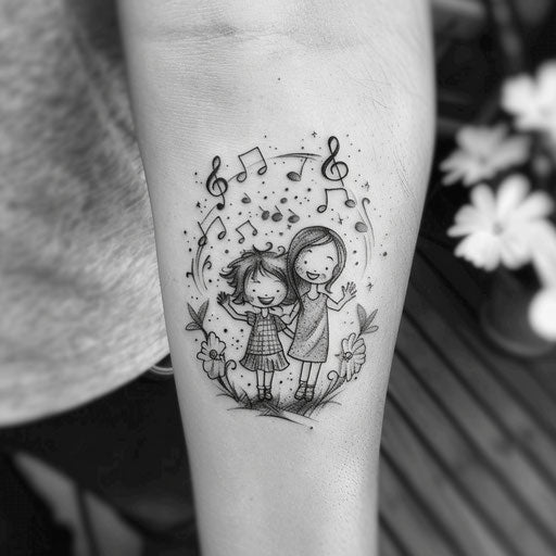 Flat tattoo sketch of three children with musical notes