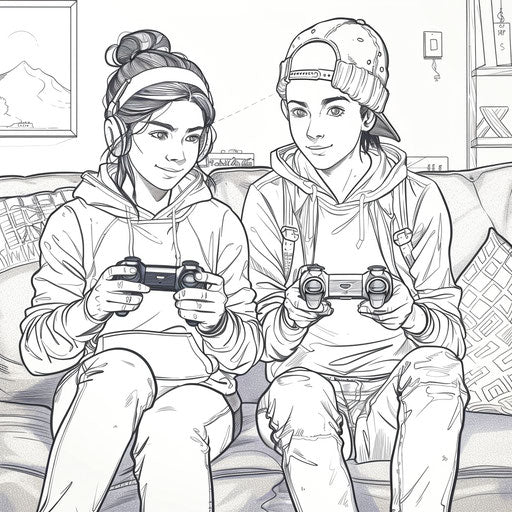 Friends playing video games together. Coloring book page