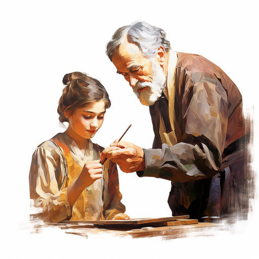 Illustration of teacher and student in oil painting style