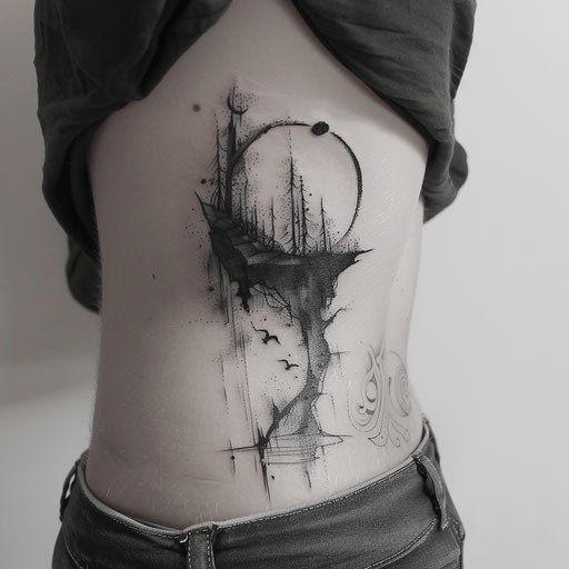 Rib tattoos of a surreal landscape