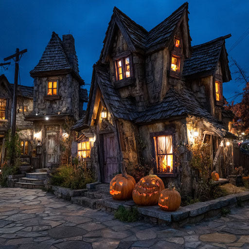 Haunted house and pumpkins in a dark night