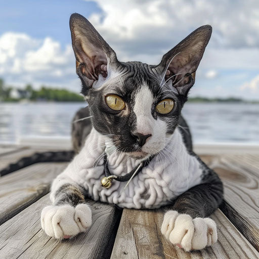 Cornish rex cat lying on a dock