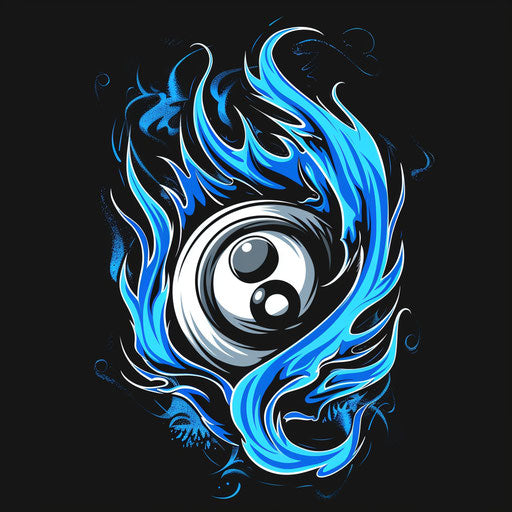8 ball surrounded by blue flames on black background