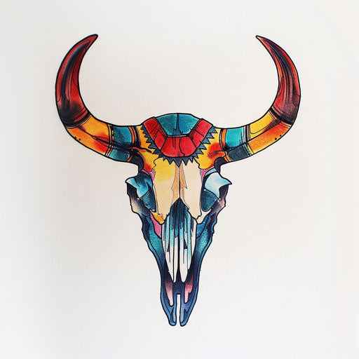 Traditional American style bull skull with bold lines and bright colors