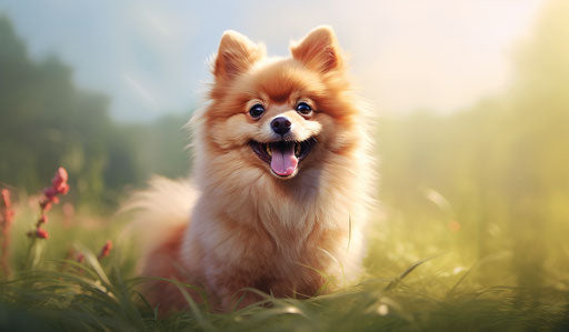 Small dog on grass with tongue out