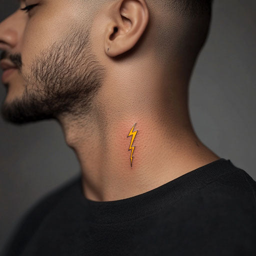 Flat tattoo sketch of small neck tattoo male with minimalist yellow bolt