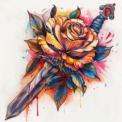 Sketch of a Chicano art rose with dagger