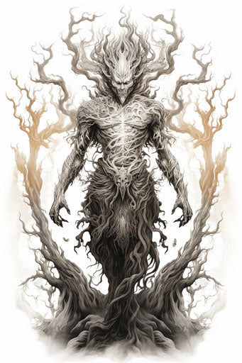 Fire deity on a tree in detailed ink vector art