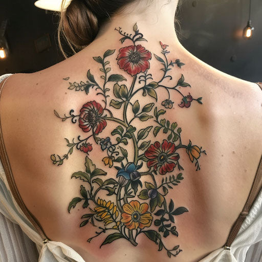 Botanical family tattoo with intertwined vines and flowers
