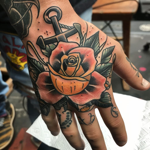 Rose hand tattoo in Sailor Jerry style