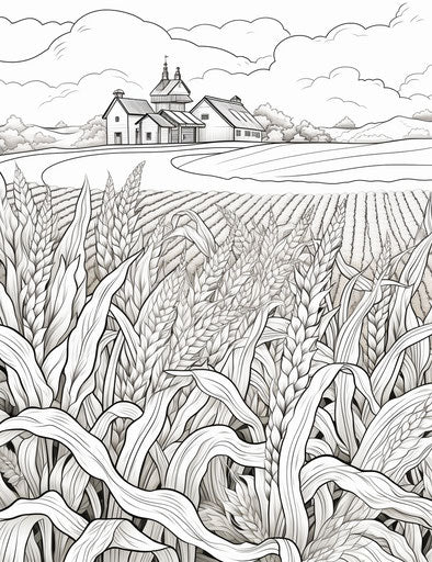 Wheat and corn farm coloring page in vine style, black and white