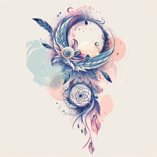 Surreal flat tattoo sketch of a spiral morphing into a dream catcher, pastel colors, clipart style