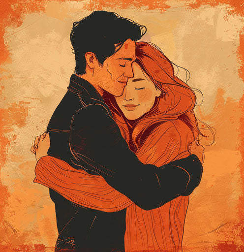 Embrace in cartooncore style, light orange and red