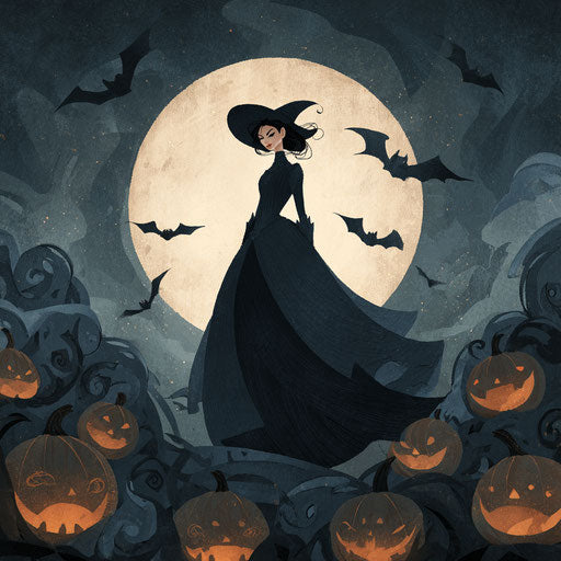 Witch in Dark Gown Under Full Moon
