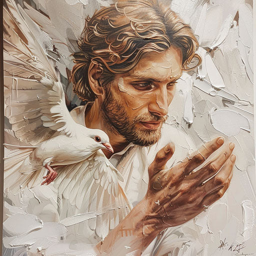 Guardian angel holding a dove, serene expression