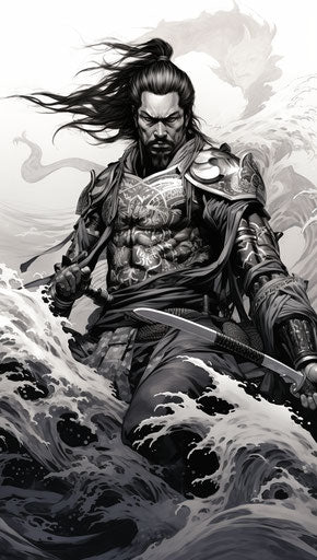 Black and white drawing of a samurai in traditional oceanic art style