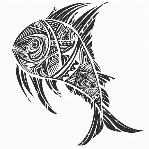 Drawing of a Polynesian fish tattoo, with authentic patterns and symbols representing protection, on a white background.