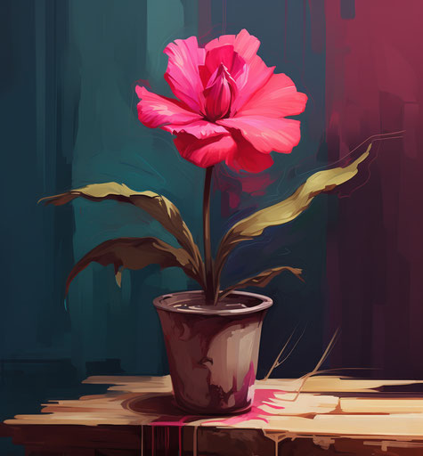 Pink flower in a pot, poignant style, dark pink and dark emerald