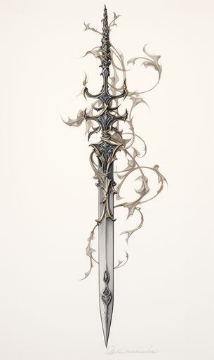 Tattoo of a sword with two vines and leaves, intricate pencil work