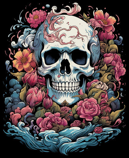 Skull in wave and flowers