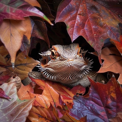 Bearded dragon peeking through cluster of autumn leaves