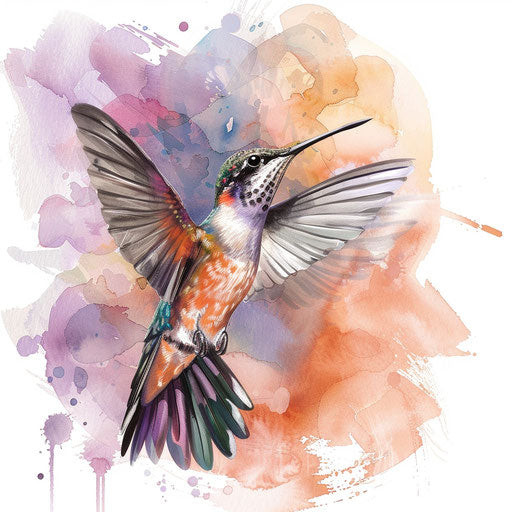 Soft watercolor clipart style flat tattoo sketch of a hummingbird in flight