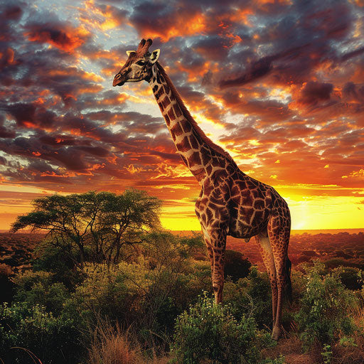 Majestic giraffe overlooking savanna at sunset