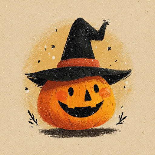 Cheerful pumpkin wearing a witch's hat for Halloween mood