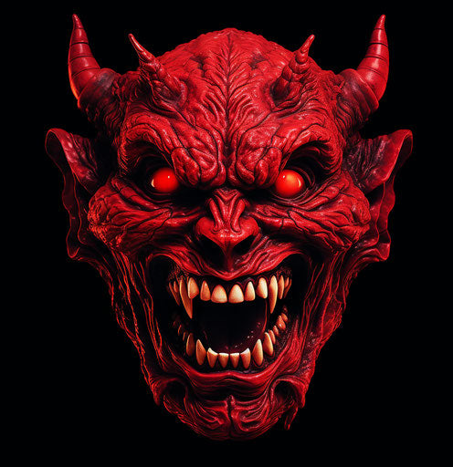 Red devil head on black background, exaggerated caricature style