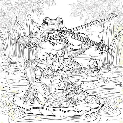 Whimsical scene of a frog playing a violin on a lily pad