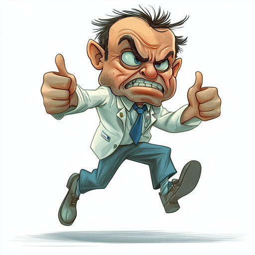 Humorous caricature of a medical illustration with human characteristics, exaggerated button nose, thin legs, jumping midair with thumbs down, vibrant colors, cartoon style, high-resolution, no background, isolated -c 40