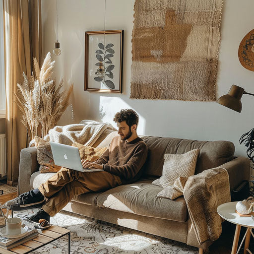 Digital nomad working in a cozy living room