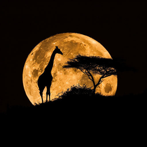 Giraffe's silhouette against a full moon on a hill
