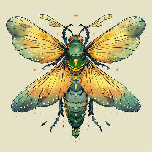 Flat tattoo sketch of firefly in vibrant yellow and green