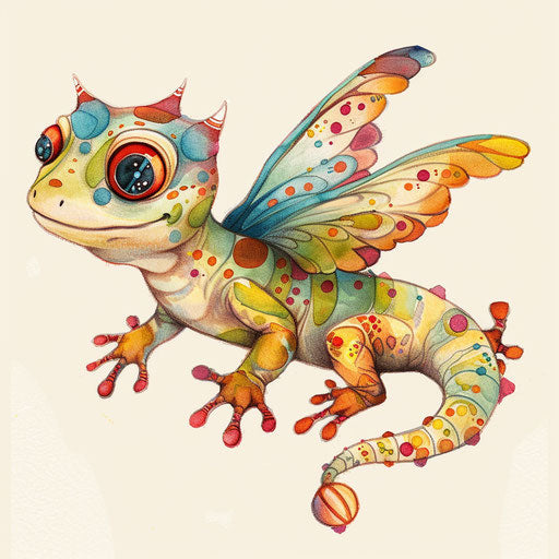 Flat tattoo sketch of fantastical gecko with colorful wings