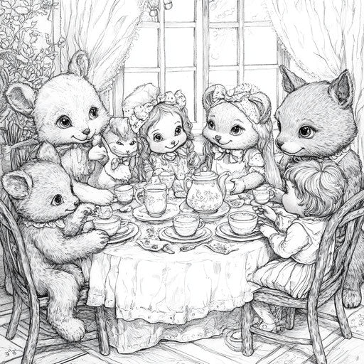 A group of friends having a tea party with stuffed animals, in the style of Edward Julius Detmold, coloring book page