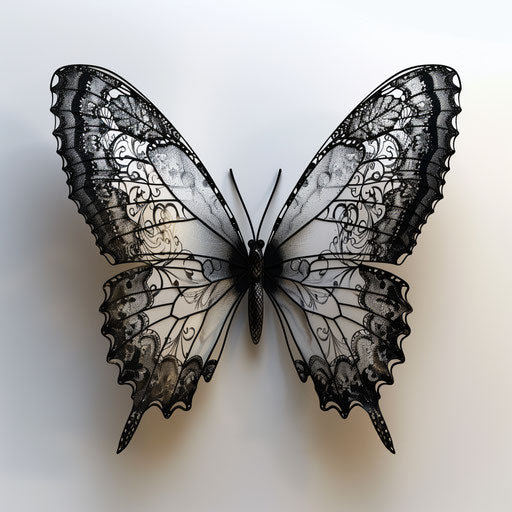 3D lace butterfly in black and white on white background