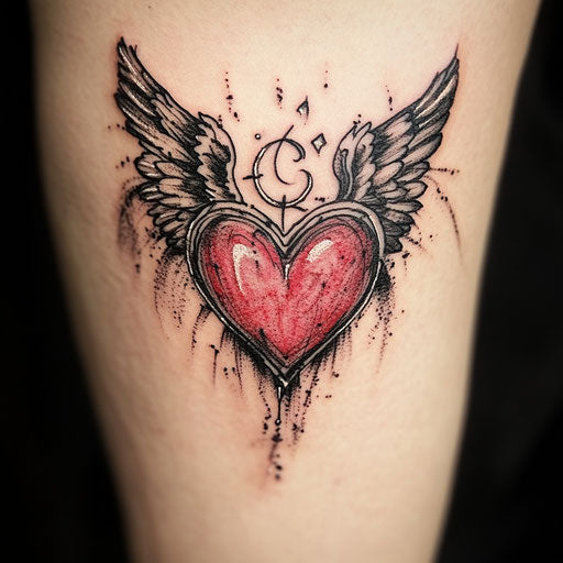 Mother's heart tattoo with angel wings and a halo