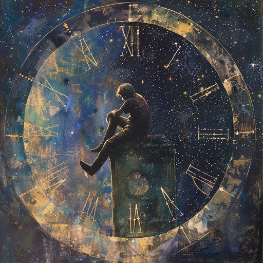 On a giant clock, a person gazes at the cosmic starry sky