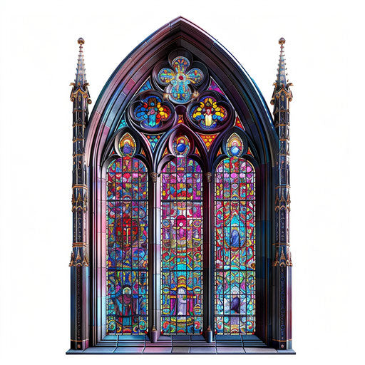 Gothic cathedral window, colorful design, white background
