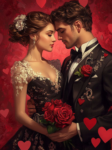 Elegant romance with couple in formal attire and roses