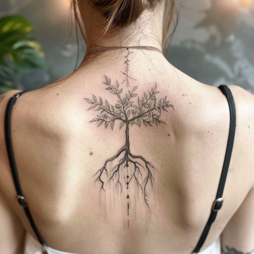 Nature-themed spine tattoo illustration